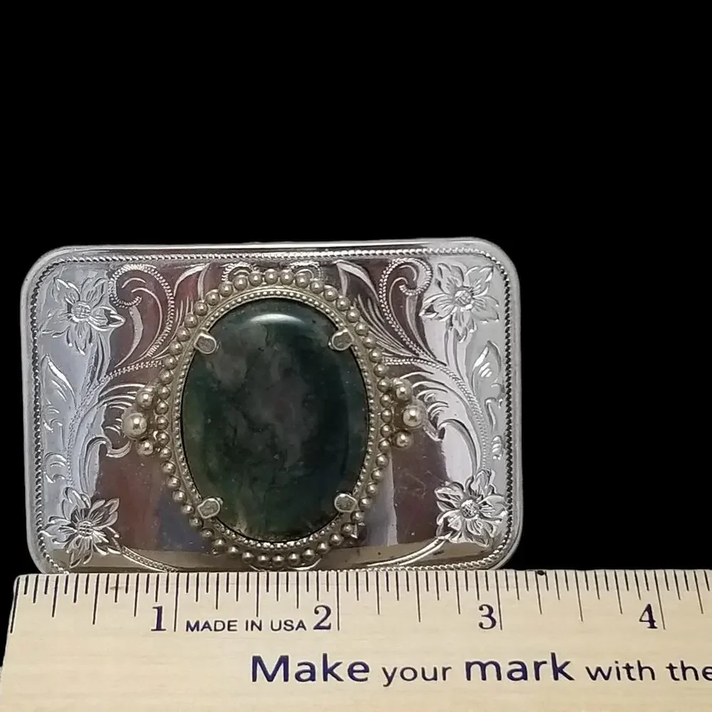Vintage Belt Buckle Cabochon Agate Western Filigree Carved Flowers‎ Silver Color